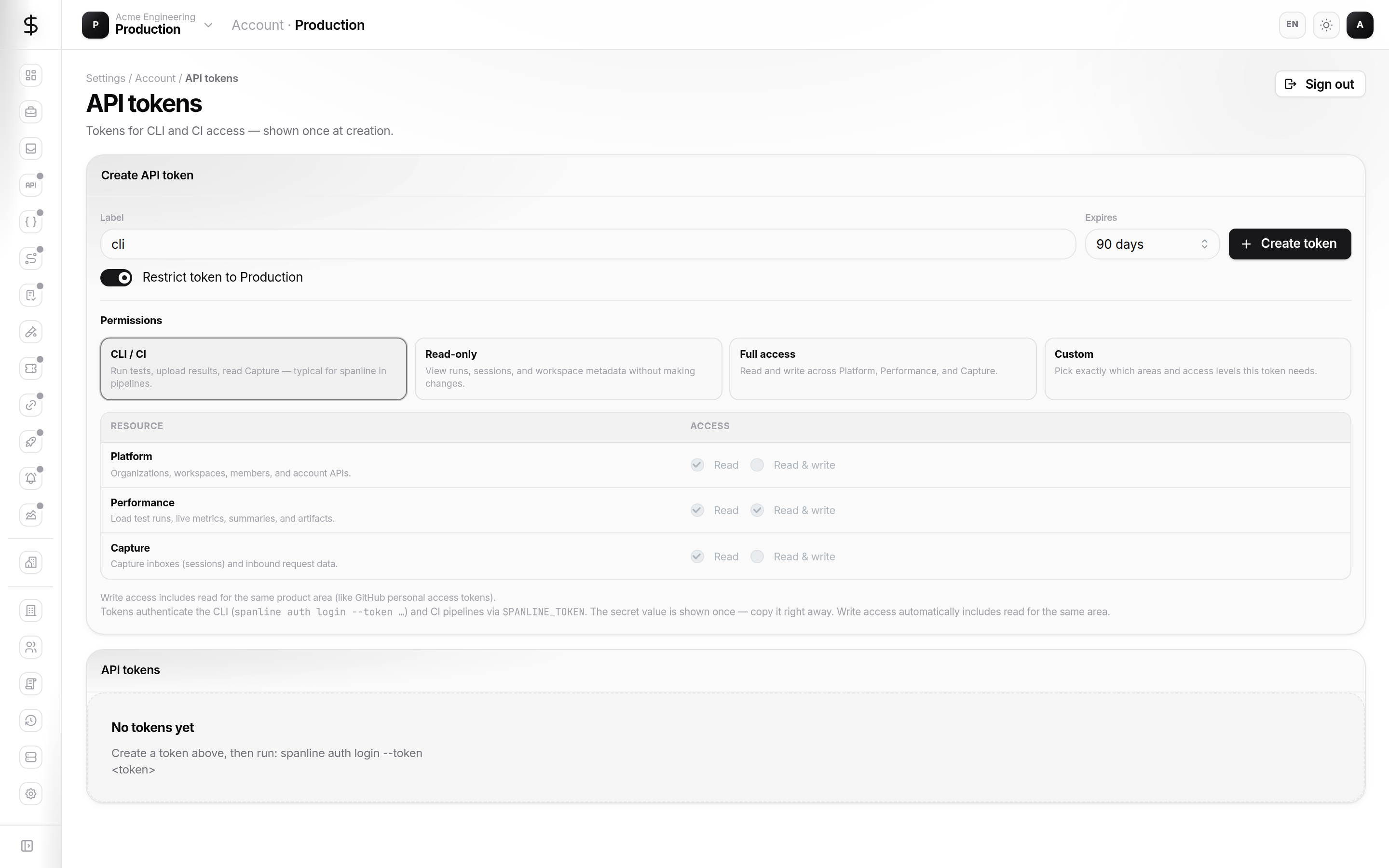 Account API tokens page with CLI preset and permission matrix