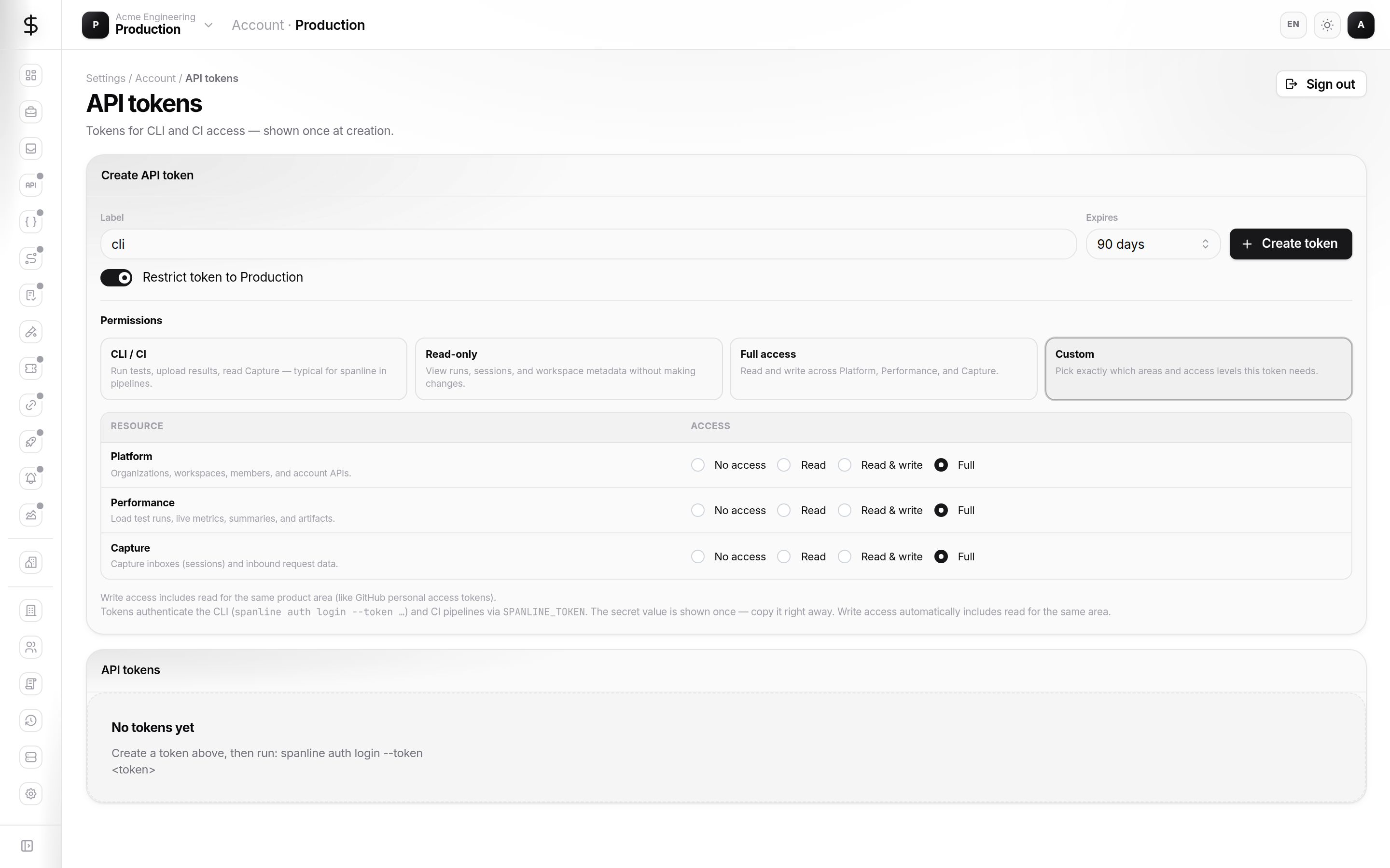 Custom token permissions with radio options per resource