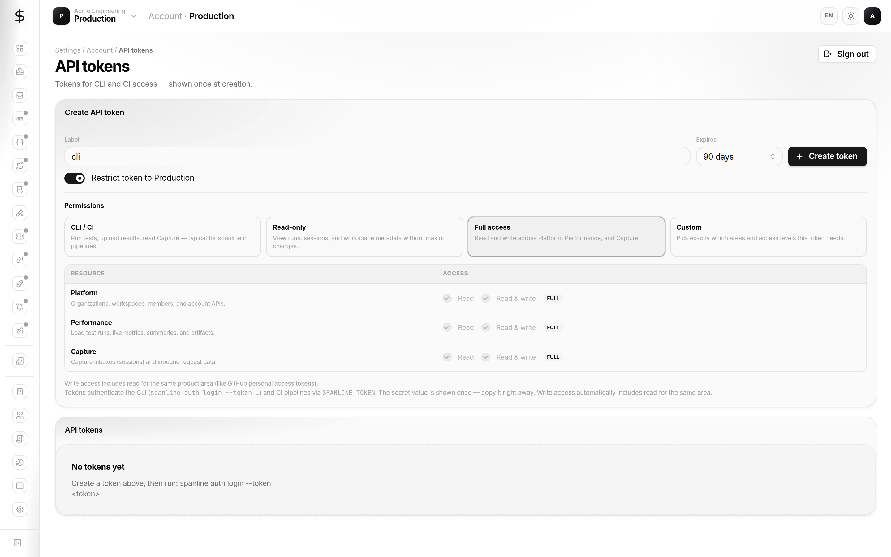 Full access API token preset