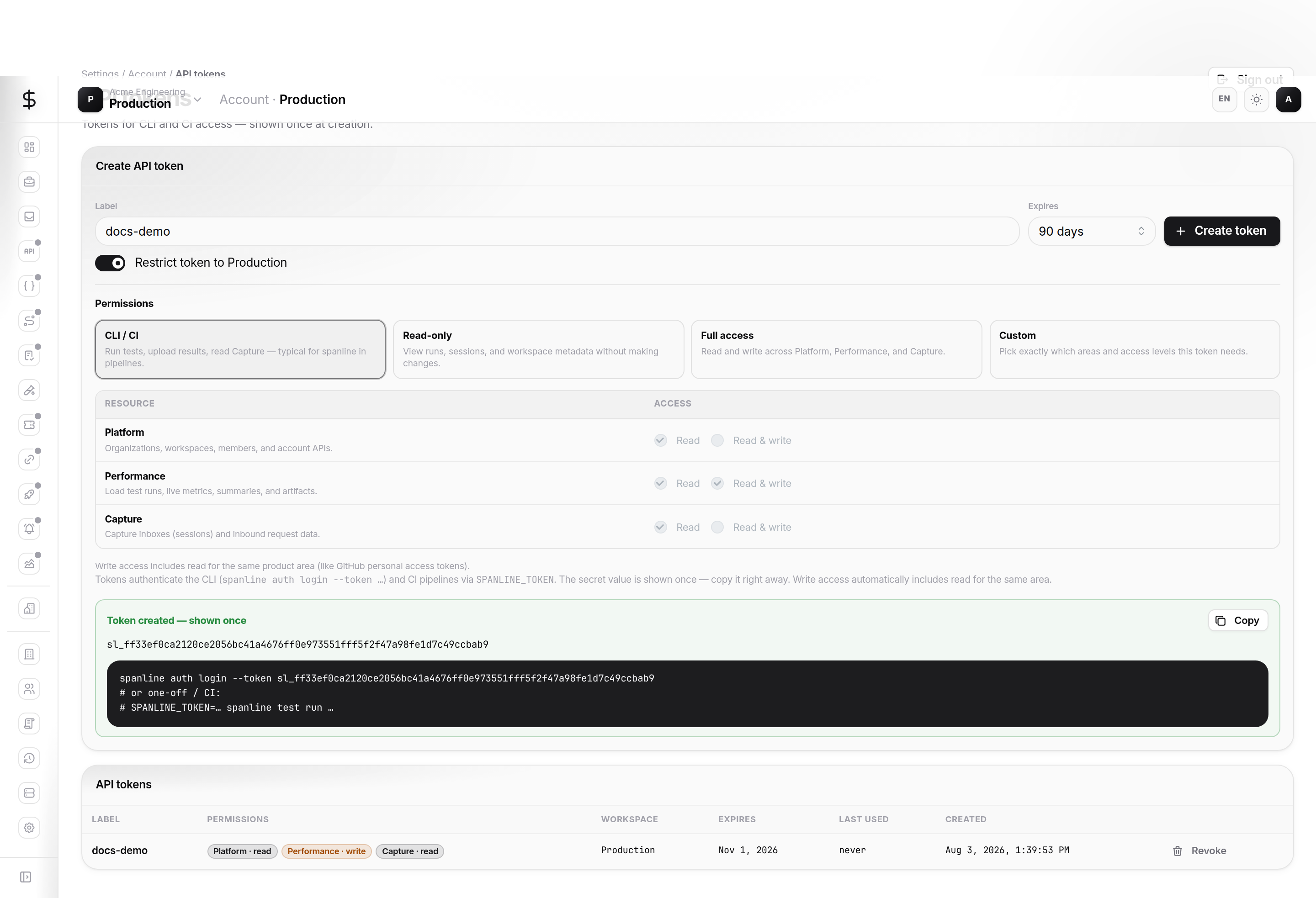 API tokens table with permission badges