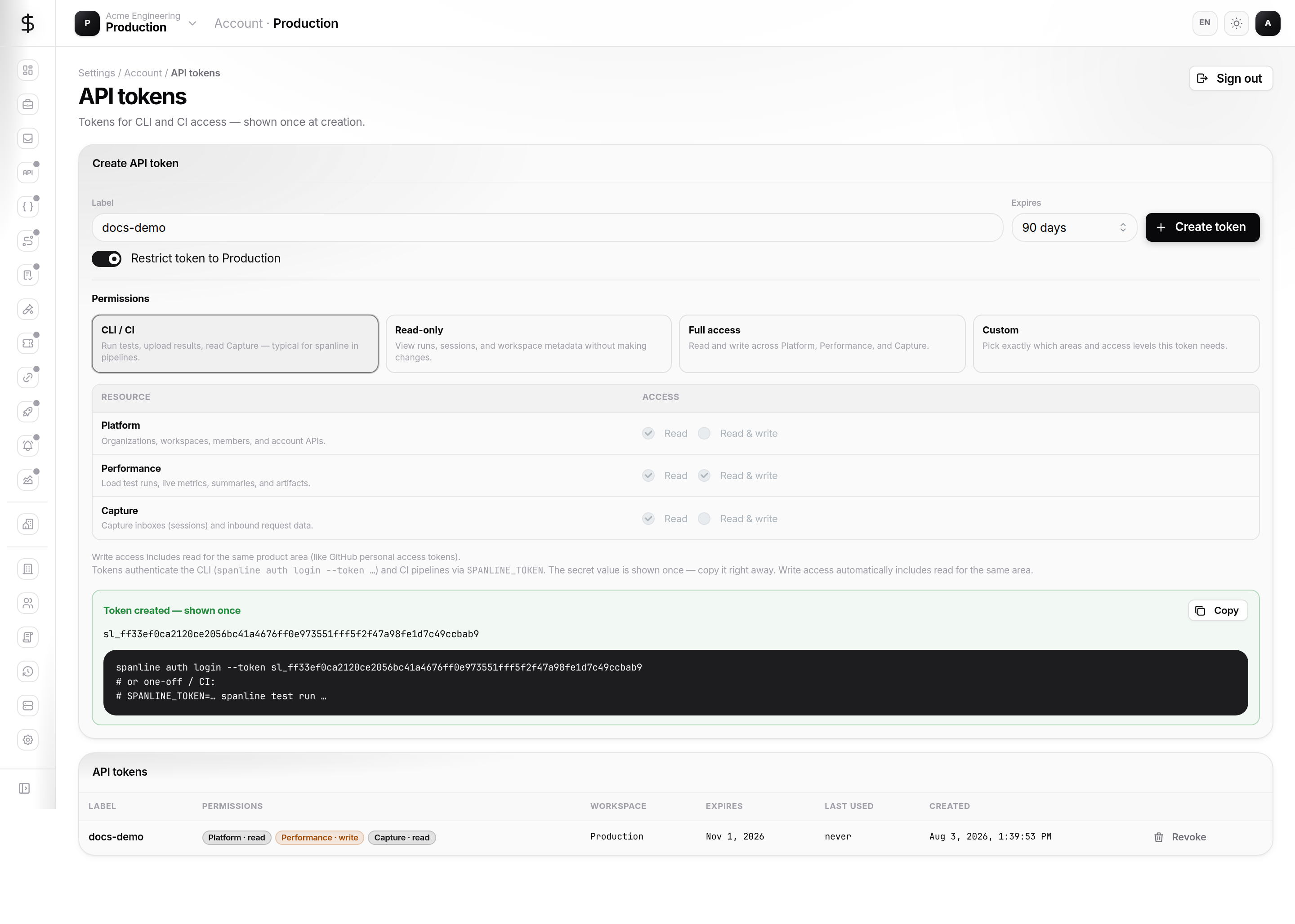 Token reveal panel with copy button and CLI snippet