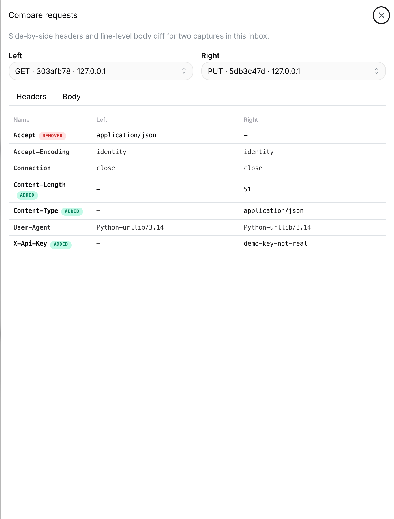 Compare drawer with header diff