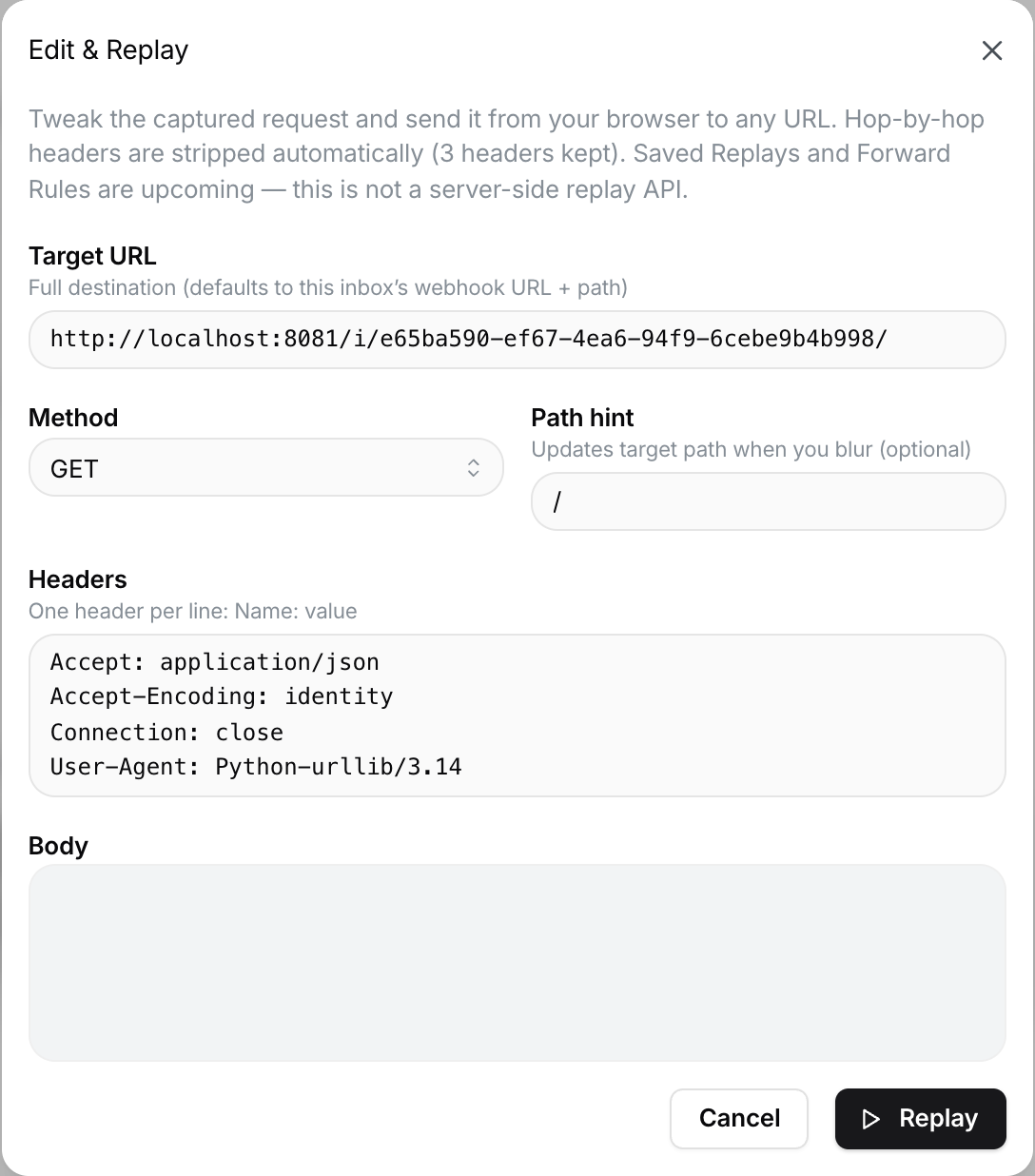 Edit and Replay modal
