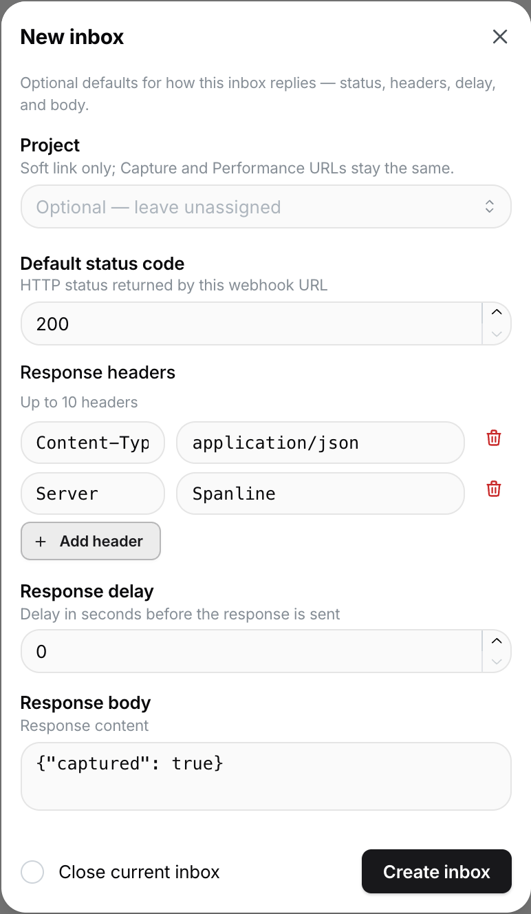 New Inbox modal with response options and project picker