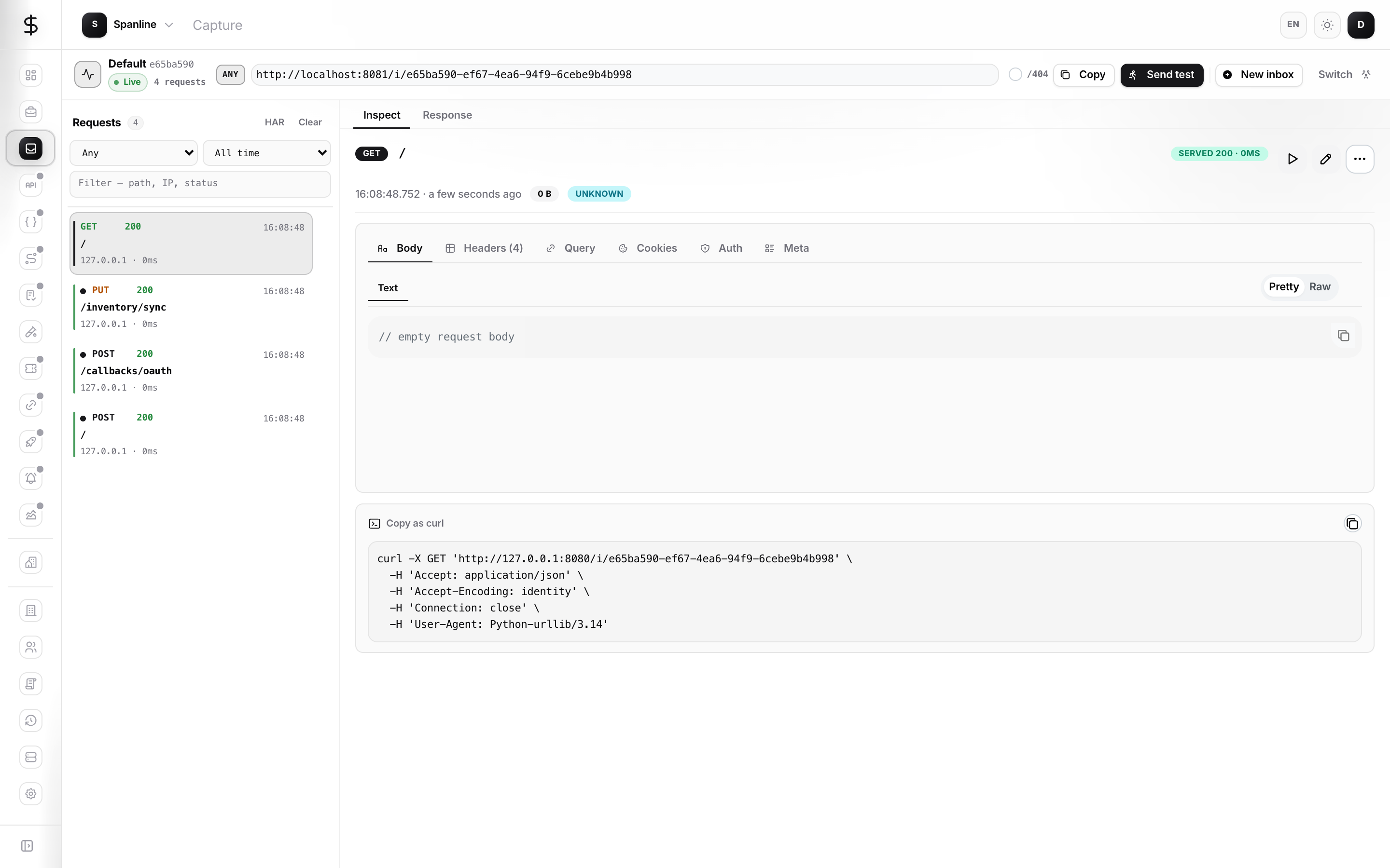 Request inspector Body tab with JSON payload