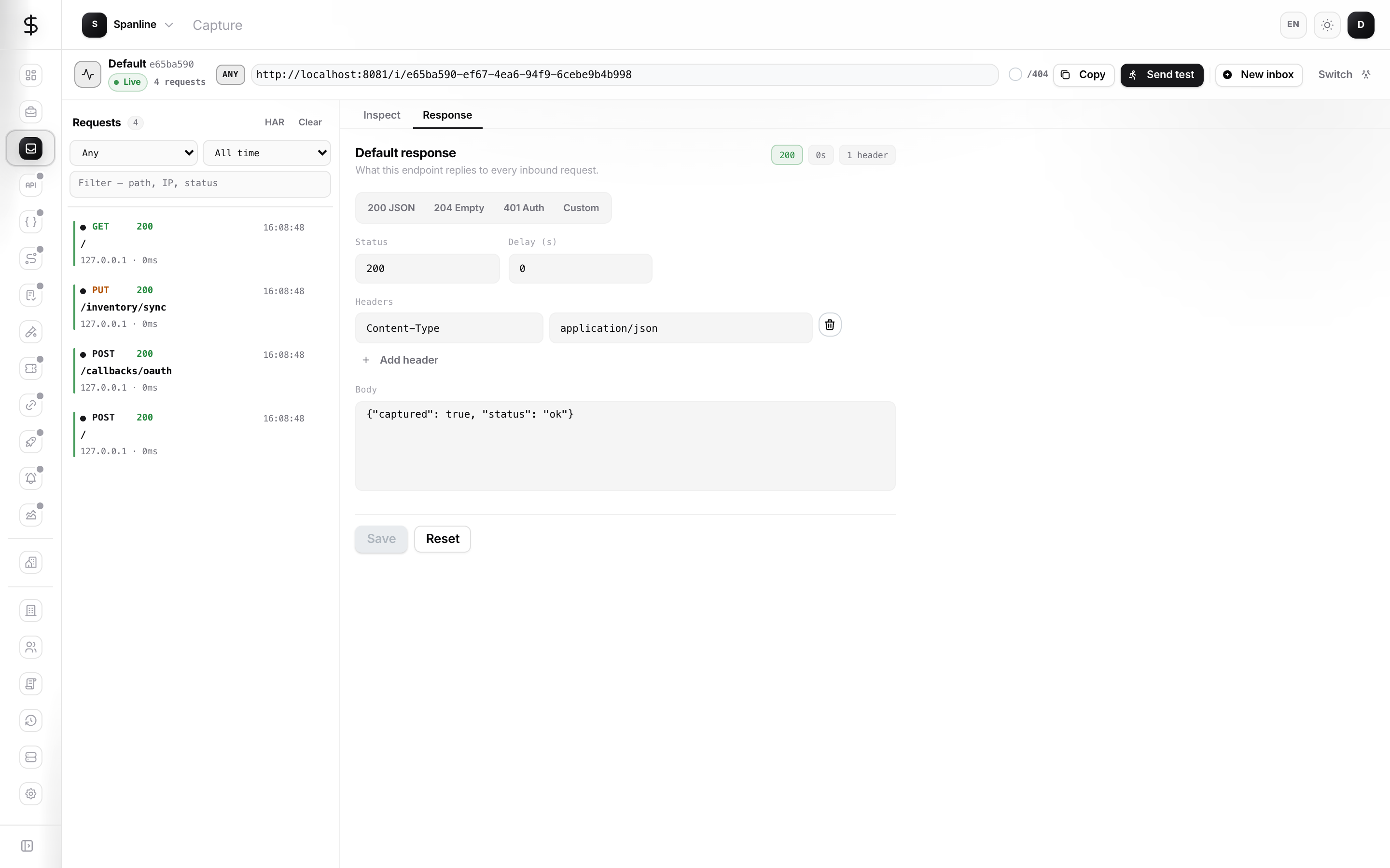 Capture Response tab with mock response editor
