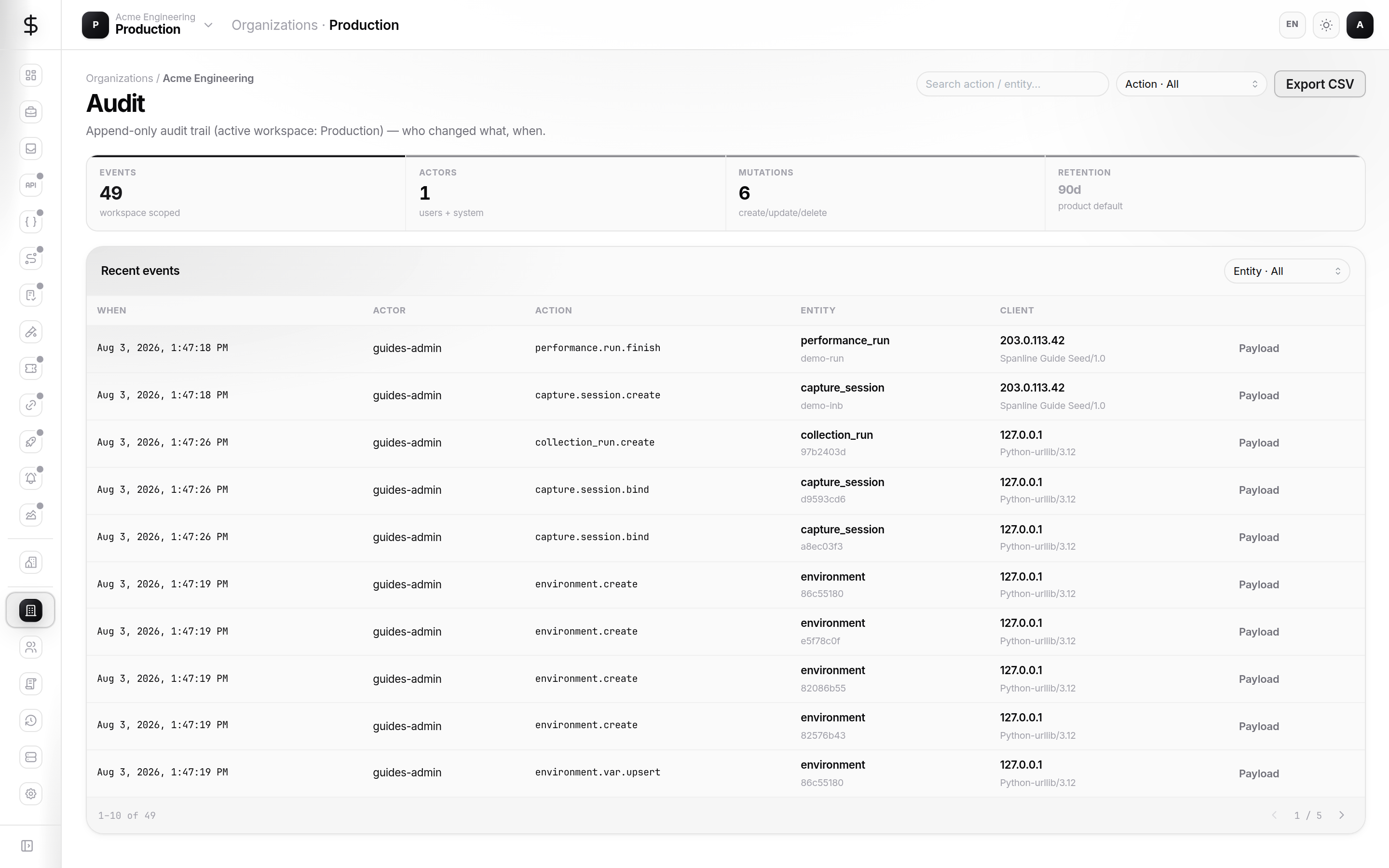 Organization audit log with filters and export