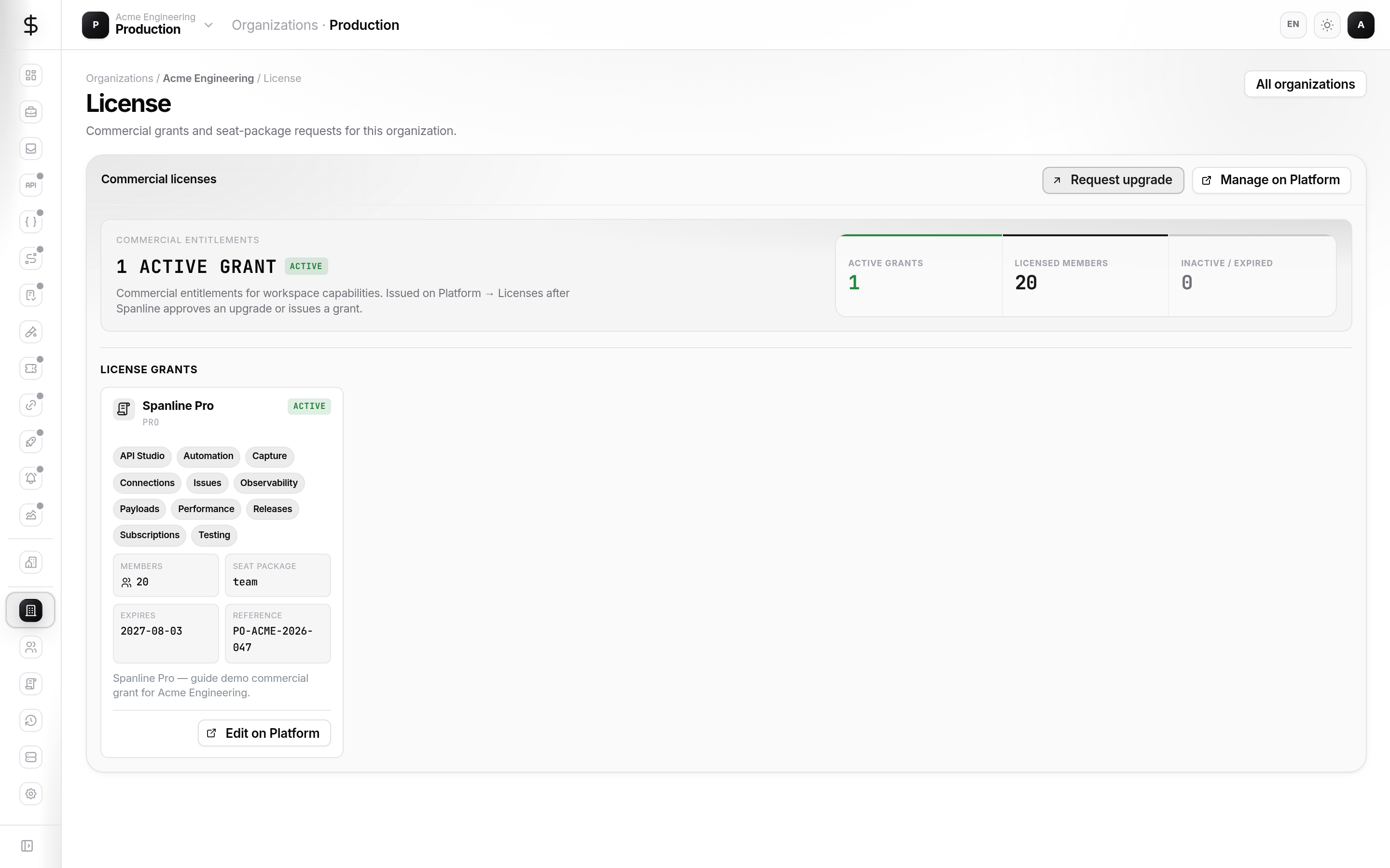 Organization license grants with Spanline Pro pack and seat metadata