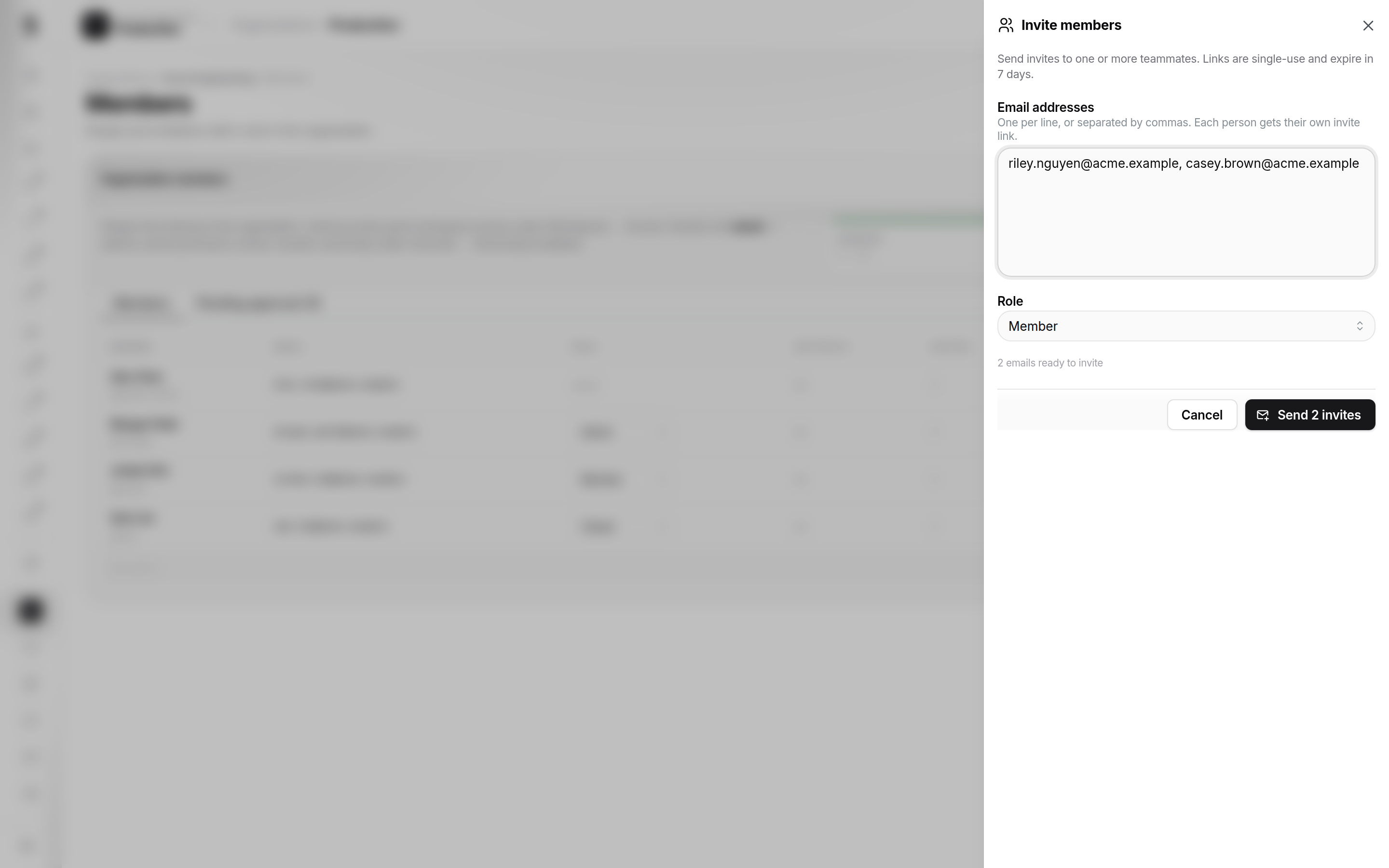 Invite members drawer with email list and role picker
