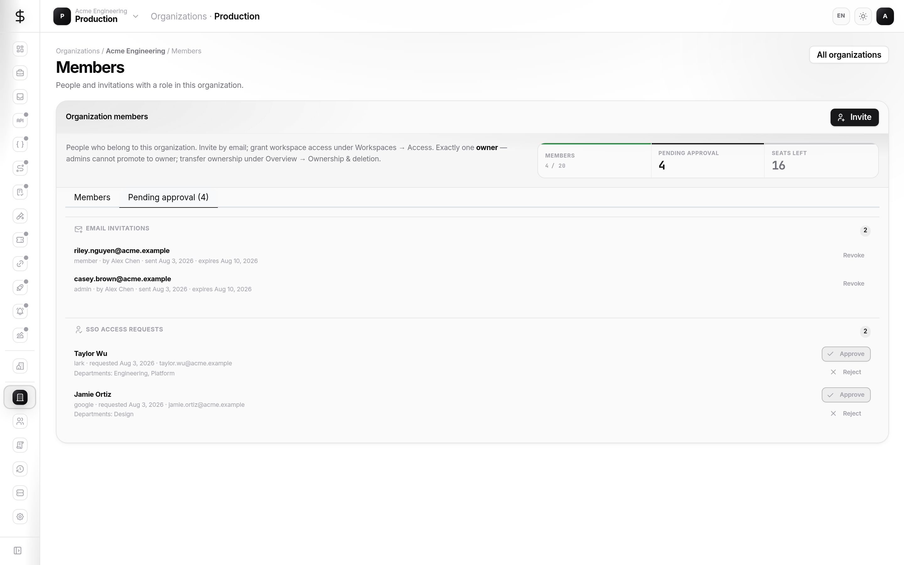Pending invitations and SSO join approval queue