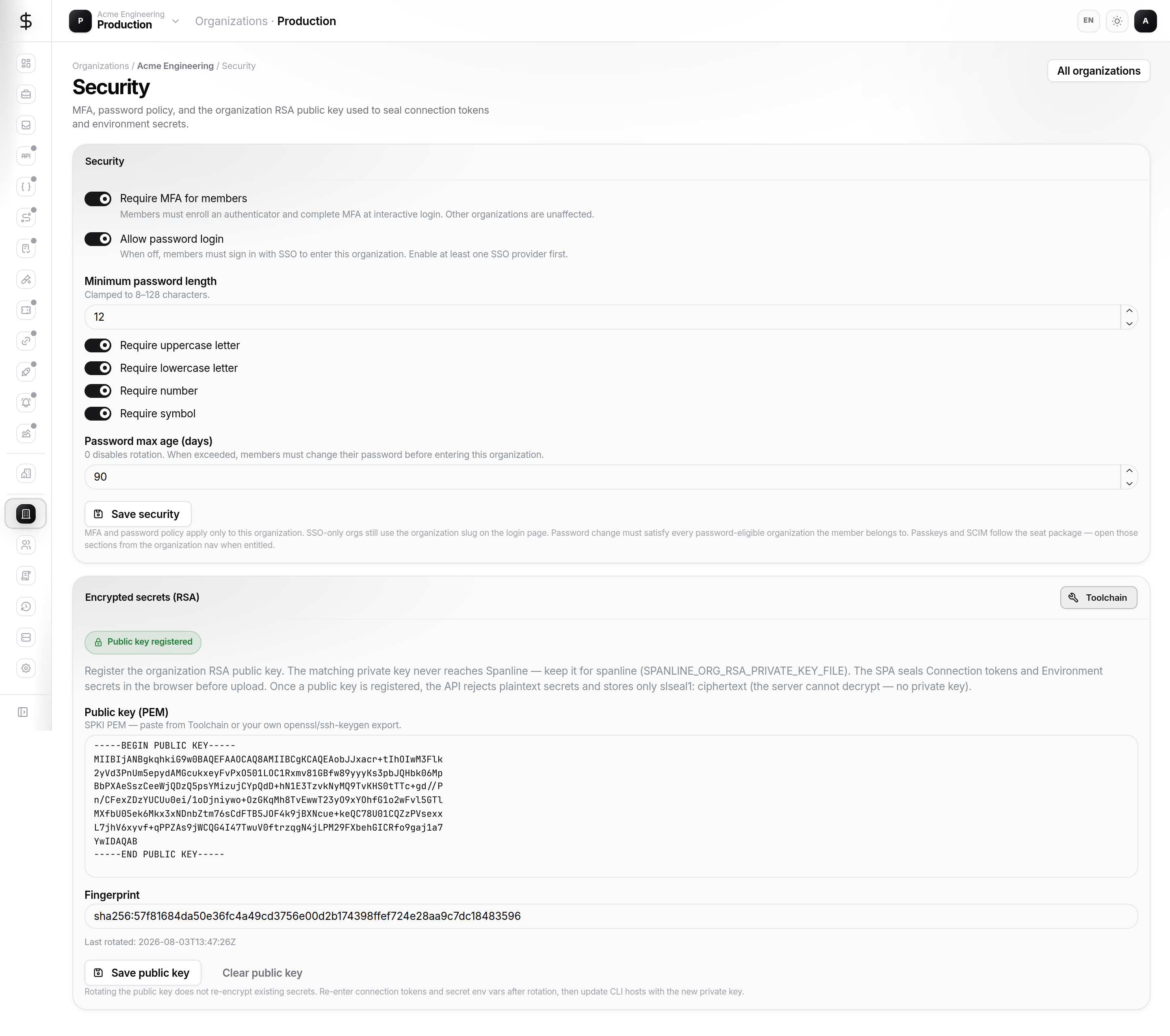 Organization security policy for passwords and MFA