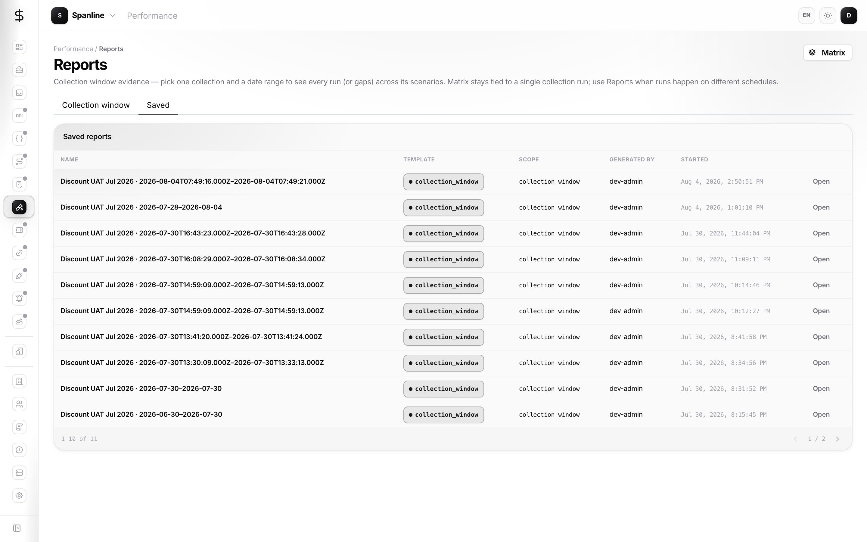 Reports Saved tab with stored snapshots