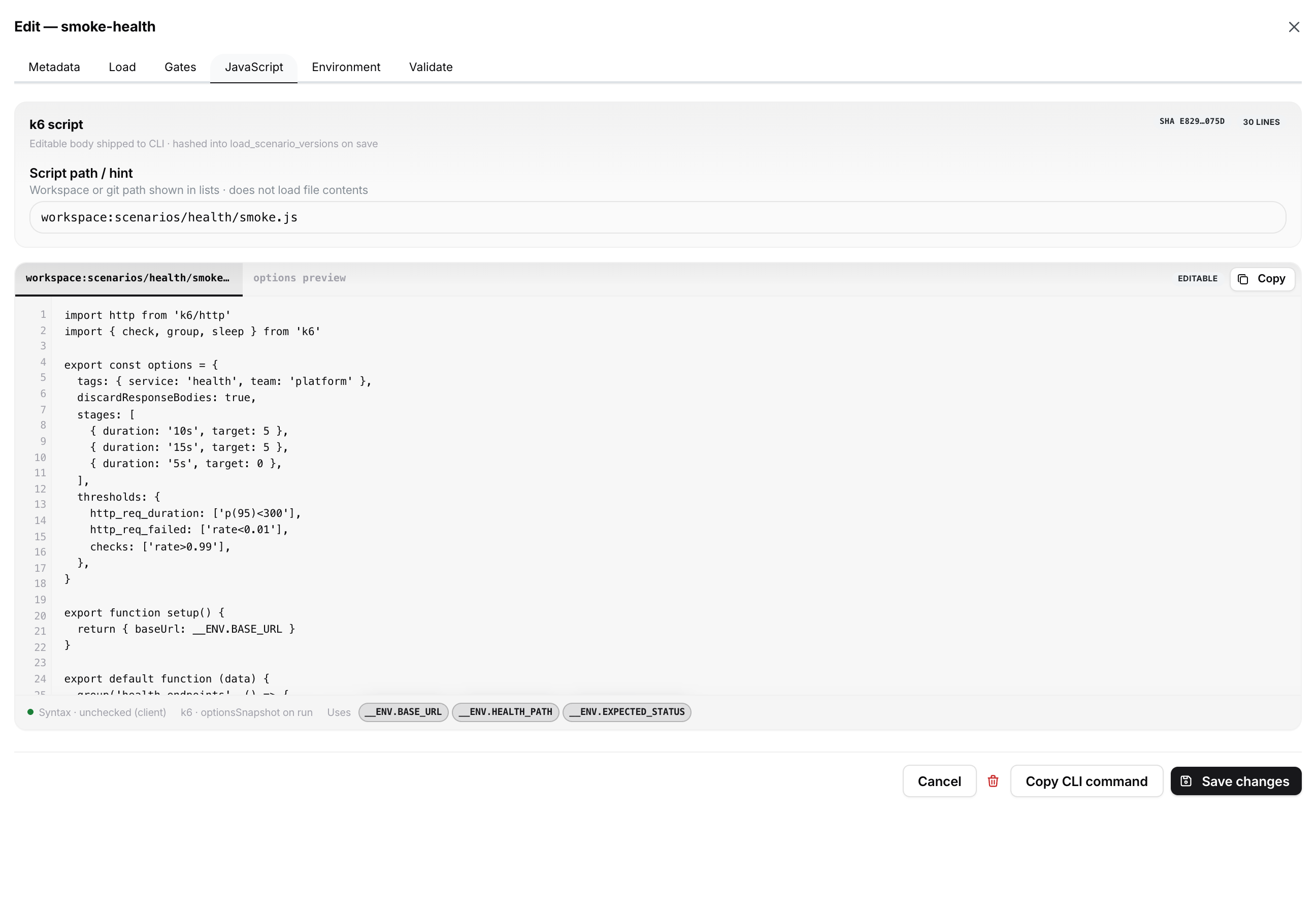 Scenario editor JavaScript tab with k6 script