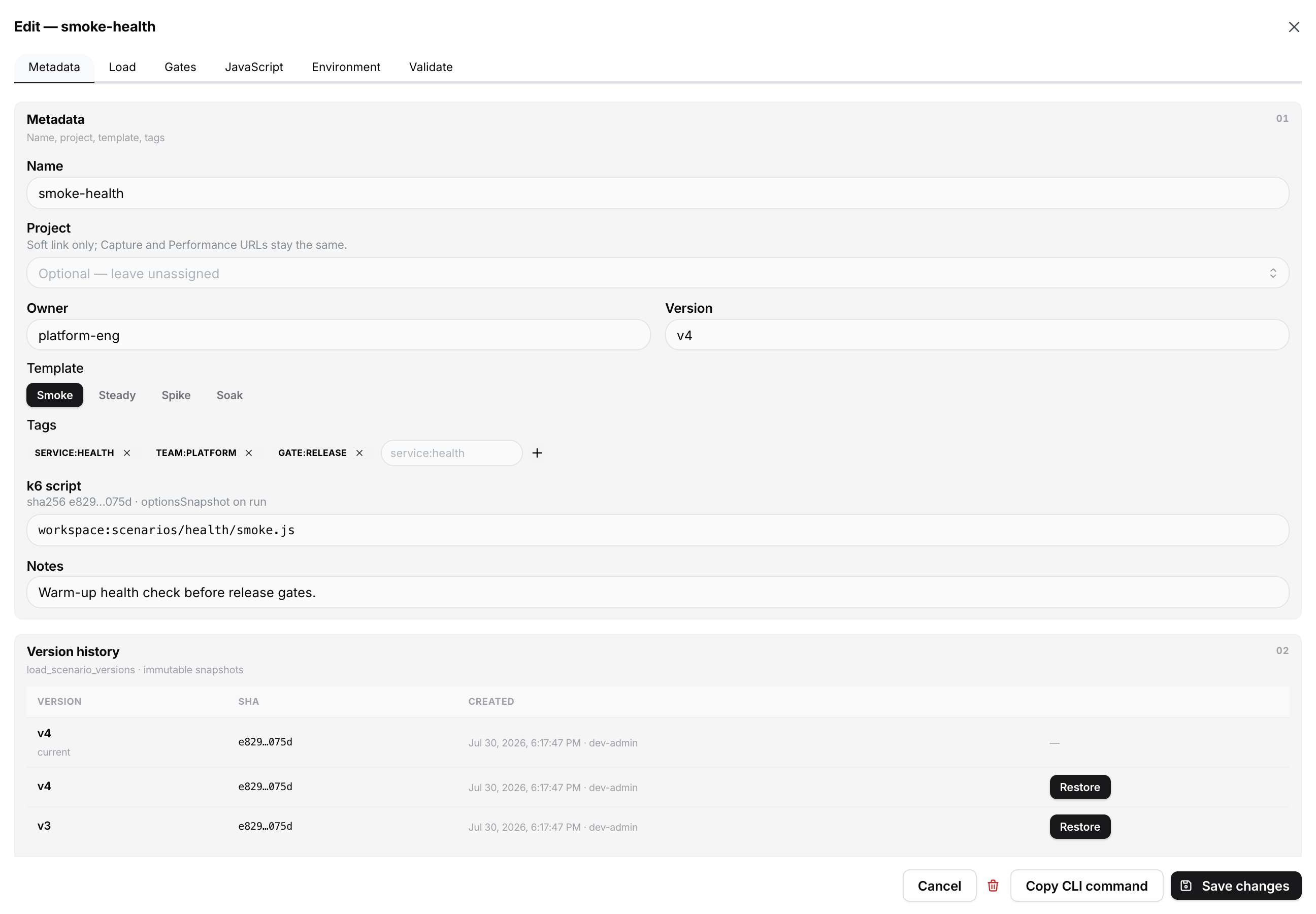 Scenario editor Metadata tab
